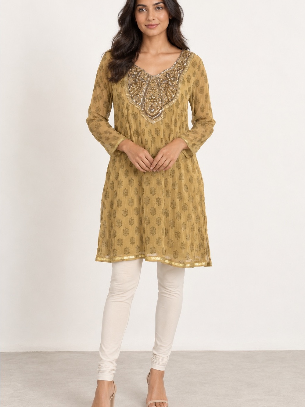 Indian Pakistani Embellished Kameez Kurta Tunic Dress Mustard Gold